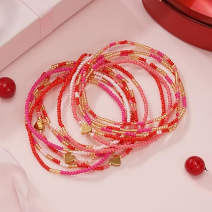 Gold Beaded Bracelets Stack for Women Stocking Stuffers 12PCS Boho Gold Plated Seed Beads Bracelet Stretch Star Stackable Accessories Jewelry Friendship Fall Christmas Gifts for Women - color: Heart Pink