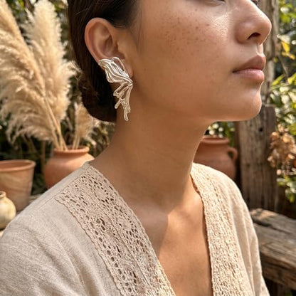 Chunky Gold Plated Flower Statement Drop Earrings for Women | Hypoallergenic 18K Gold Plated Textured Petal Wing, Large Statement Dangle Earrings for Wedding Party - color: Silver Butterfly-1