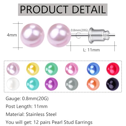 12 Pairs Colorful Pearl Stud Earrings for Women Stainless Steel Small Studs Set - color: 4mm