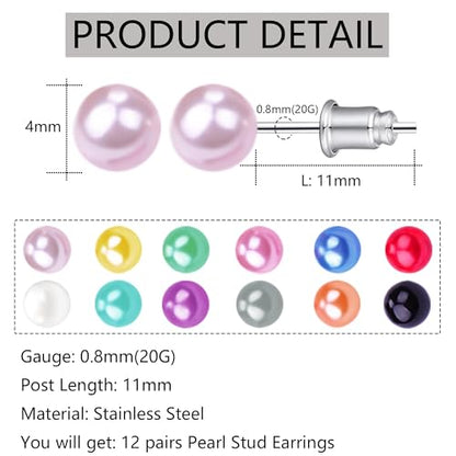 12 Pairs Colorful Pearl Stud Earrings for Women Stainless Steel Small Studs Set - color: 4mm