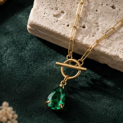 Teardrop CZ Pendant Paperclip Chain Necklace 18K Plated Paperclip Toggle Necklace Jewelry Birthstone Gift for Women - color: Emerald-May