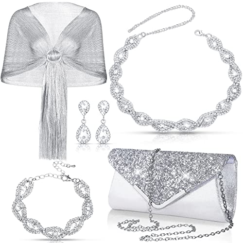 Tiamon 5 Pcs Rhinestone Jewelry Sets Shawls and Wraps Formal Clutch Purses for Women Evening Dresses Weddings Engagement - style: Glitter, Elegant