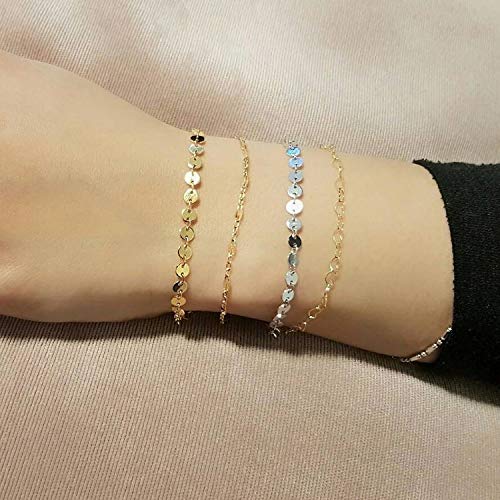 Womens Dainty Gold Chain Bracelet,Simple Layered Chain Bracelets,Beaded Turquoise Bracelet,Charm Crystal Bar,Heart,Karma,Triangle,Pearl Bracelets for Women - color: Gold Coin Chain
