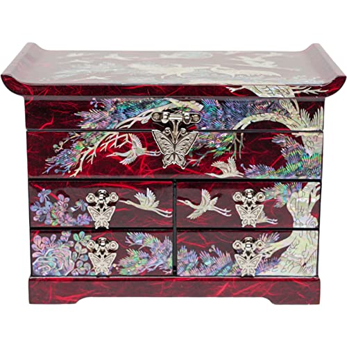 February Mountain Mother of Pearl Wooden Jewelry Organizer Box – Jewelry Storage Box for Women, Features Spacious Drawers, Ideal for Rings, Bracelets, Watches, Chains, Accessories (Crane_Red) - style: Crane_Red