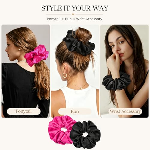 2 PCS Hot Pink Jumbo Satin Silky Scrunchies 6.5 Inches Oversized Scrunchie Extra Large Big Hair Ties Ponytail Holder for Thick Curly Hair Women (Black, Hot Pink) - color: Black, Hot Pink