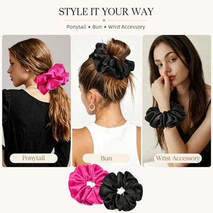 2 PCS Hot Pink Jumbo Satin Silky Scrunchies 6.5 Inches Oversized Scrunchie Extra Large Big Hair Ties Ponytail Holder for Thick Curly Hair Women (Black, Hot Pink) - color: Black, Hot Pink