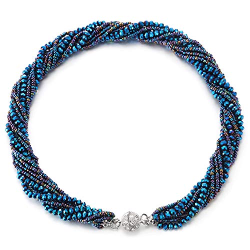 COOLSTEELANDBEYOND Multi-Layer Beads Crystal Braided Chain Choker Collar Magnetic Clasp,Statement Necklace, Bracelet - color: E-Necklace Blue Color