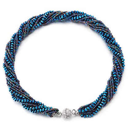 COOLSTEELANDBEYOND Multi-Layer Beads Crystal Braided Chain Choker Collar Magnetic Clasp,Statement Necklace, Bracelet - color: E-Necklace Blue Color