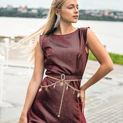 Double Layer Metal Chain Belt, Moon Star Waist Chain Fashion Link Belt Skinny Dress Waist Chain Belt For Women - color: Gold
