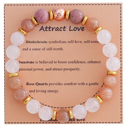 KSQS Healing Stone Bead Bracelet for Women, Natural Gemstones Balance Protection Bracelet, Spiritual Crystal Beads Bracelet Anxiety Relief with Meaning Card - color: Attract Love
