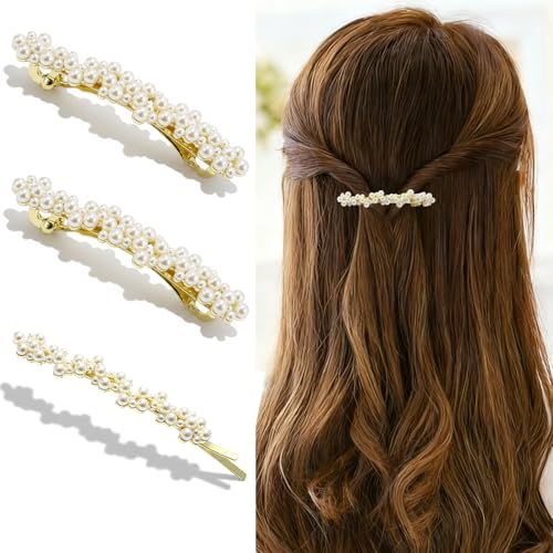 3 PCS Pearl Hair Clips Barrettes for Women, Gold Hair Barrettes Elegant French Fancy Clips Hairpins Decorative Headwear Sweet Accessories for Wedding Party (Pearl) - color: Gold-Pearl