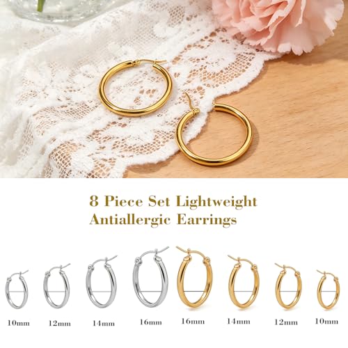 4 Pairs Gold Silver Small Hoop Earrings Huggie for Women Surgical Steel Set | 10/12/14/16 mm, Hypoallergenic, Lightweight Hoop Earrings Set, 14K Gold Silver 316L Stainless Steel, Multiple Piercings - color: Gold+Silver/8 Pairs