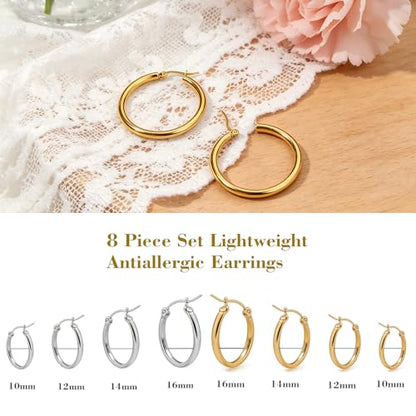 4 Pairs Gold Silver Small Hoop Earrings Huggie for Women Surgical Steel Set | 10/12/14/16 mm, Hypoallergenic, Lightweight Hoop Earrings Set, 14K Gold Silver 316L Stainless Steel, Multiple Piercings - color: Gold+Silver/8 Pairs
