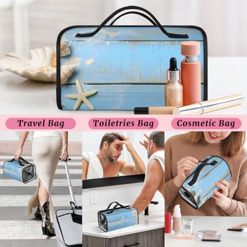Blue Ocean Beach Seashell Starfish Themed Hanging Roll Up Cosmetic Bag with 4 Removable Storage Bags Waterproof Foldable Toiletry Kit for Women - color: Multicolor 3