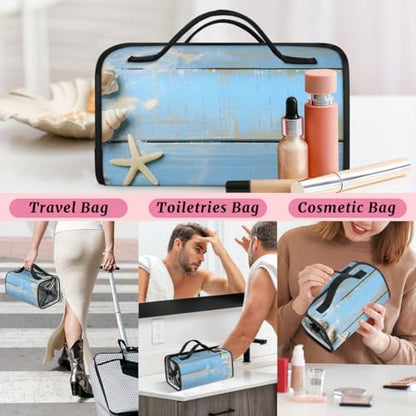Blue Ocean Beach Seashell Starfish Themed Hanging Roll Up Cosmetic Bag with 4 Removable Storage Bags Waterproof Foldable Toiletry Kit for Women - color: Multicolor 3