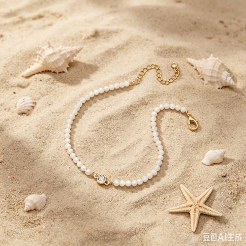 Raicegs Anklets for Women Handmade Beach Boho Ankle Bracelet 3mm Natural Stone Beaded Ankle Bracelet 14K Gold Plated Zircon Pendant Adjustable Crystal Gemstone Anklet Jewelry Gift for Her - color: Moonstone