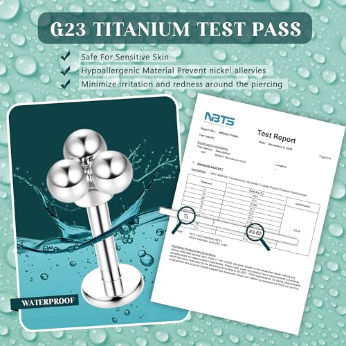 LOLIAS 16G G23 Titanium Tragus Conch Helix Piercing Jewelry 6mm 8mm 10mm - Internally Threaded Flat Back Stud Cartilage Earrings Hypoallergenic Forward Earlobe Labret Tragus Piercing Jewelry - color: 3 Beads-Titanium