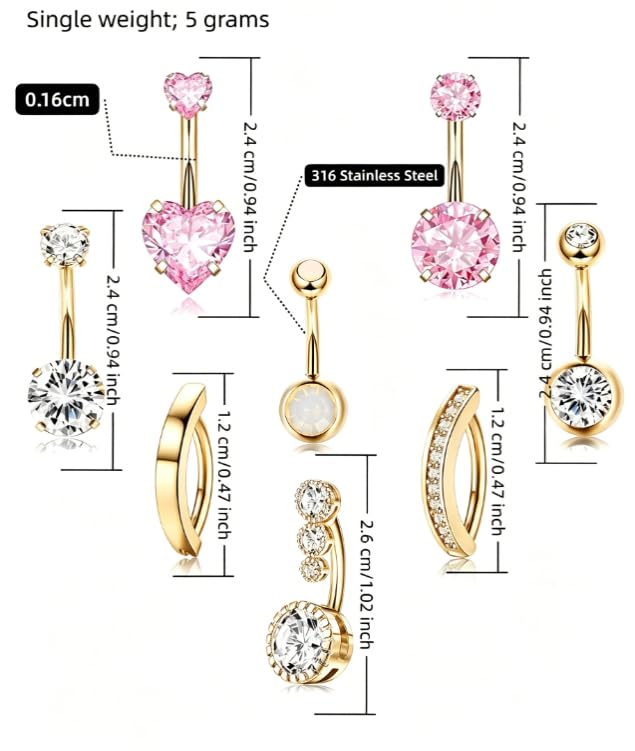 316L Stainless Steel Belly Button Rings Set Hypoallergenic Sparkly Crystal Dangle Navel Piercing Jewelry Shiny Rhinestone Belly Studs with Storage Gift Box for Women