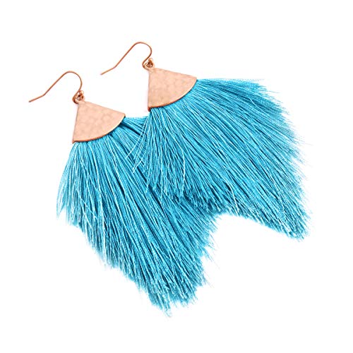 Bohemian Silky Thread Fan Fringe Tassel Statement Earrings - Lightweight Strand Feather Shape Dangles - color: Feather Fringe - Aqua Blue