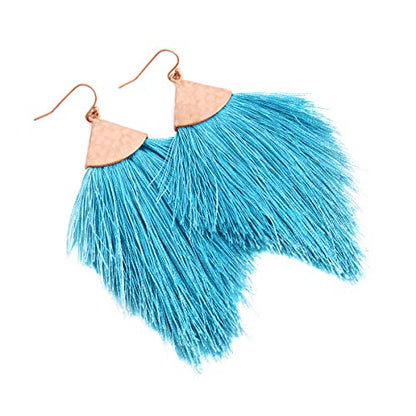 Bohemian Silky Thread Fan Fringe Tassel Statement Earrings - Lightweight Strand Feather Shape Dangles - color: Feather Fringe - Aqua Blue