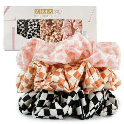ZIMASILK 100% Pure Mulberry Silk Hair Scrunchies for Women | No Damage - Gentle Elastic Hair Ties for Ponytail Holder - Hair Accessories (3 Pack, Checkered) - color: Checkered Pattern (3pcs)