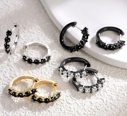 Evabelle Gold Hoop Earrings for Women 14K Real Gold Plated Cubic Zirconia Diamond Hoop Earrings Huggie Hoop Earring Women Earrings Earring for Men 925 Sterling Silver Post Hypoallergenic - color: Hoops 10-Black Ring and White Stone