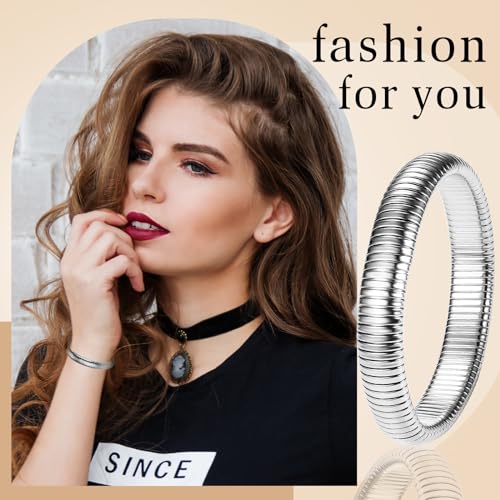NMQLX Women's Elastic Bangle Bracelets: Stainless Steel Gold Chunky Wristband Bracelets - color: Silver - 12mm