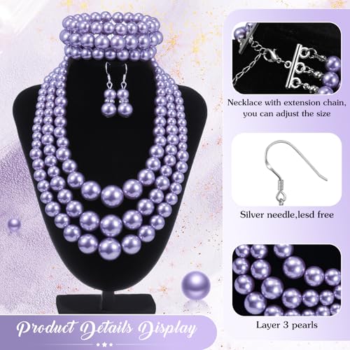 Haysandy Pearl Jewelry Set for Women 20s Jewelry Gift | Retro Layered Necklace Bracelet Earring, Costume Accessories for Derby Wedding Prom Party, Dress Matching Occasions - color: Light Purple