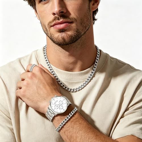 NEWITIN 4 Pieces Black Jewelry Set for Men Stainless Steel Watch Necklace Bracelet Ring Fashion Black Wristwatch Cuban Link Chain Cuban Jewelry Set for Men - color: Silver