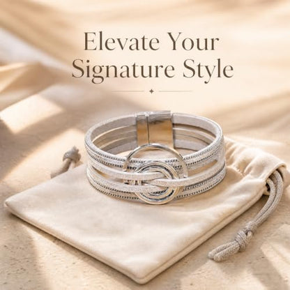 Leather Wrap Bracelets for Women Boho Layered Cuff Bracelets Bling Bohemian Jewelry - color: Boho White