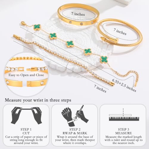 18K Gold Plated Bangle Bracelets Stack for Women,Four Leaf Clover Stackable Bracelets Non Tarnish,4 Pcs Jewelry sets Gifts - color: Green