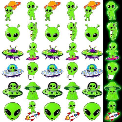 Liliaafar 36 Pieces Halloween Enamel Pins Set Grow in the Dark Halloween Lapel Pins Bulk for Backpacks Clothing Hat Bag Gifts - style: Green Alien