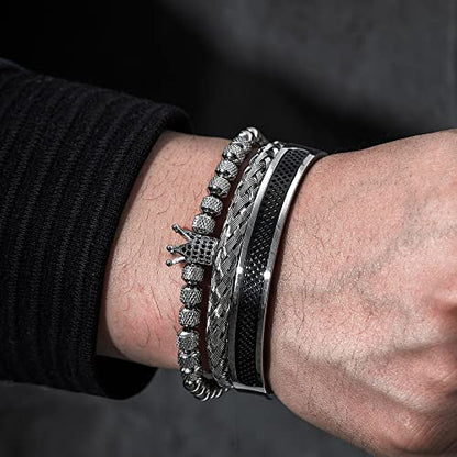 WFYOU 3PCS Stainless Steel Imperial Crown Bracelets for Men Gold Roman Numeral Bangle Bracelet Adjustable Cuff Bracelet Mens Luxury Jewelry Gifts - style: 03:Black-Crown
