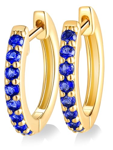 Chunky Emerald Sapphire Ruby Hoop Earrings, Princess or Round Cut, 14k Yellow Gold Plated Sterling Silver Cubic Zirconia Huggie Earings Minimalist Hoops Earrings for Women Wedding Daily Birthday - style: Round cut -Sapphire -Gold