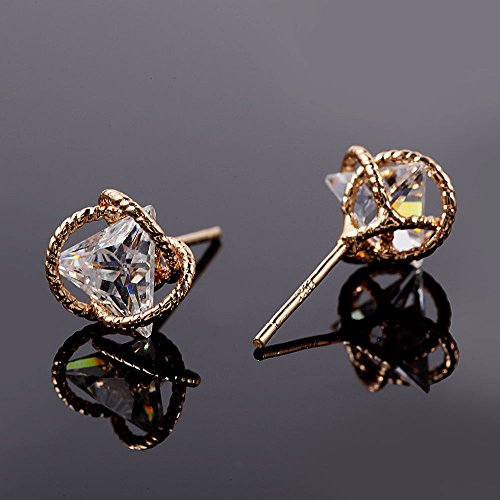 Geometric Triangle Cubic Zirconia Stud Earrings for Womens, Gold-Plated-Brass,…