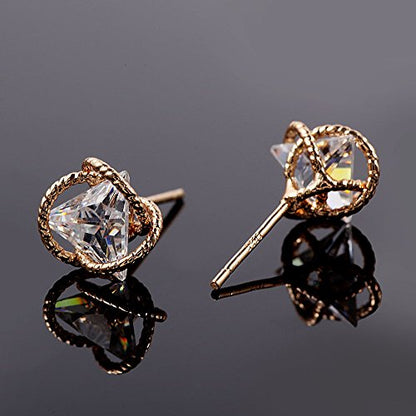 Geometric Triangle Cubic Zirconia Stud Earrings for Womens, Gold-Plated-Brass,…