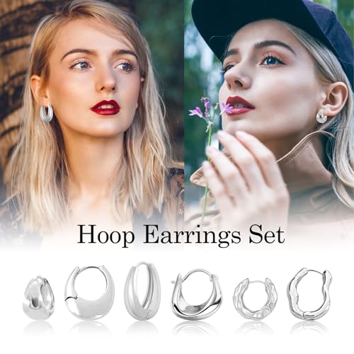 6 Pairs Gold Hoop Earrings Set for Women, 14K Gold Plated Huggie Chunky Earring Variety Pack, Hypoallergenic Thick Jewelry Gift - color: Silver Color