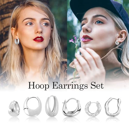6 Pairs Gold Hoop Earrings Set for Women, 14K Gold Plated Huggie Chunky Earring Variety Pack, Hypoallergenic Thick Jewelry Gift - color: Silver Color