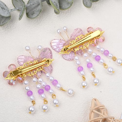 A Pair Wedding Hair Clips, Handmade Floral Design Crystal Hair Clips Pearl Barrettes, Rhinestones Flower Clips Pearl Headpieces Hair Pins Hair Accessories for Women Girls (Purple&Pink) - color: Purple&Pink