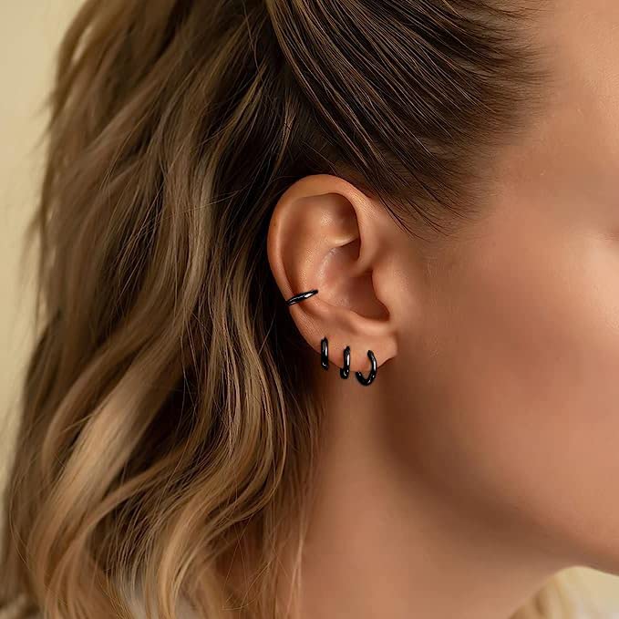 316L Surgical Stainless Steel Hoop Earrings,Mens Hoops Earrings Gold Silver Black Hypoallergenic,6mm 8mm 10mm 12mm Small Huggie Hoop Earrings Men Women for Cartilage Piercings - style: 6/8/10/12mm Black,4 Pairs