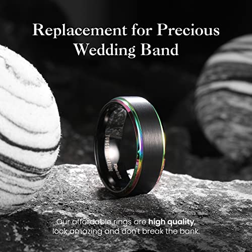 King Will Mens Brushed Wedding Band, Two Tone Matte Step Edges/Pipe Cut, Tungsten Carbide Anniversary Promise Rings Comfort Fit - color: Black&Rainbow Edge-8mm