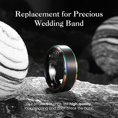 King Will Mens Brushed Wedding Band, Two Tone Matte Step Edges/Pipe Cut, Tungsten Carbide Anniversary Promise Rings Comfort Fit - color: Black&Rainbow Edge-8mm
