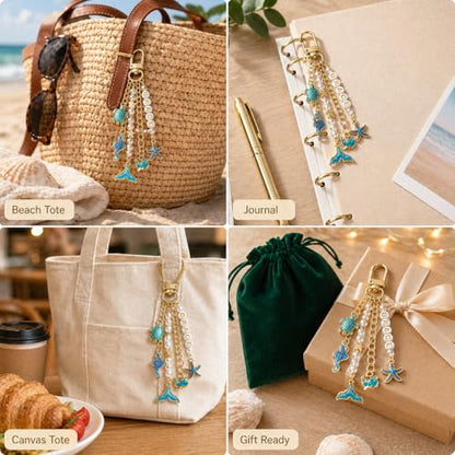 XUHAO7 781Pcs DIY Keychain Making Kit Beach Crafts Set | Seashell Starfish Pearl Letter Beads with Tools & 5 Velvet Pouches, DIY Bag Charm Kit for Women Girl - size: Ocean