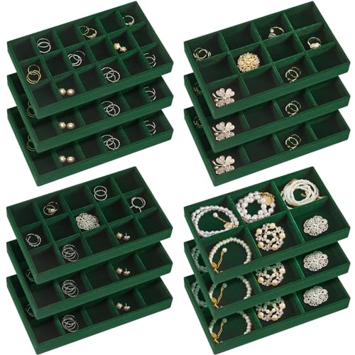 12 Pcs Jewelry Tray Velvet Stackable Jewelry Organizer Trays Divided Earring Accessories Storage Containers Box (Rose Red) - color: Green