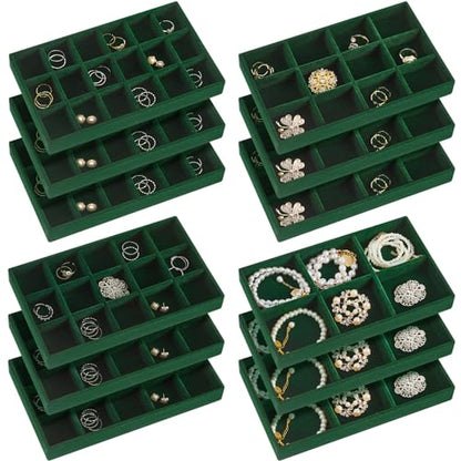 12 Pcs Jewelry Tray Velvet Stackable Jewelry Organizer Trays Divided Earring Accessories Storage Containers Box (Rose Red) - color: Green
