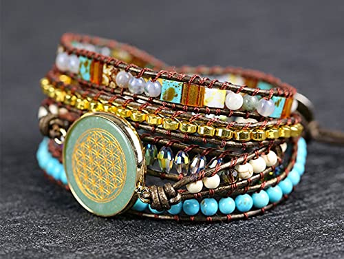 Women Wrap Bracelets Boho Natural Stone Jasper Turquoises Strand Bracelet Jewelry Collection - color: Aventurine