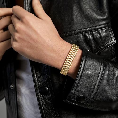 ChainsHouse Men Stainless Steel Bracelet Adjustable Custom ID Engraved Gift | Personalized Silver/Gold/Black for Birthday Father Husband Boyfriend with Gift Box Adjustable Tool 10mm/15mm/15.5mm 8.3"/8.7" - color: H.15.5mm Width-Gold-No Custom