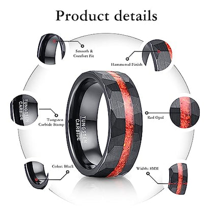 NUNCAD 8mm Tungsten Rings for Men Black Hammered Wedding Bands Red Opal Inlaid Tungsten Ring Polished Edge Comfort Fit Men Women Size 7-12