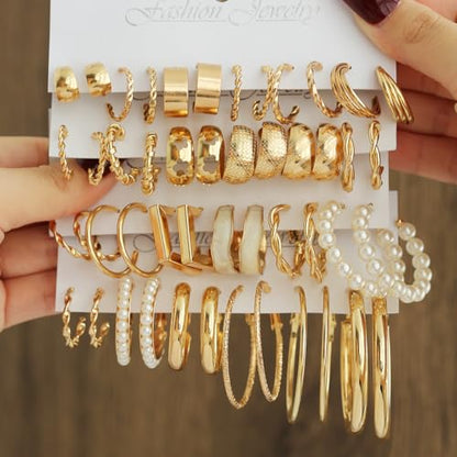 14K Gold Plated Geometric Hoop Earrings for Women Chunky Hypoallergenic Thick Lightweight Jewelry - color: Gold-24 Pairs-A