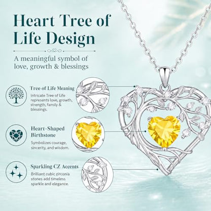 Gamtic Tree of Life Birthstone Pendant Necklace - Heart Cubic Zirconia Diamond Necklace Birth Month Necklaces Birthday Gift for Her Wife Mom Daughter Grandma Girlfriend Anniversary Jewelry Gift - style: November